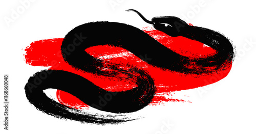 Black brush stroke snake on red paint brush, vector illustration