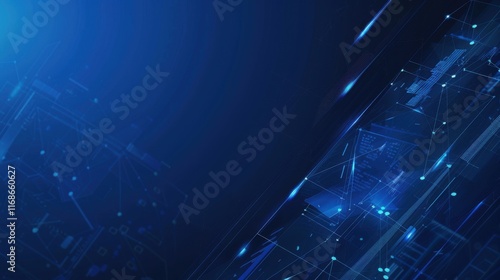 Abstract blue technology geometric pattern on dark blue background. Perspective lines graphic design. Modern futuristic geometric shapes moving with copy space for text 