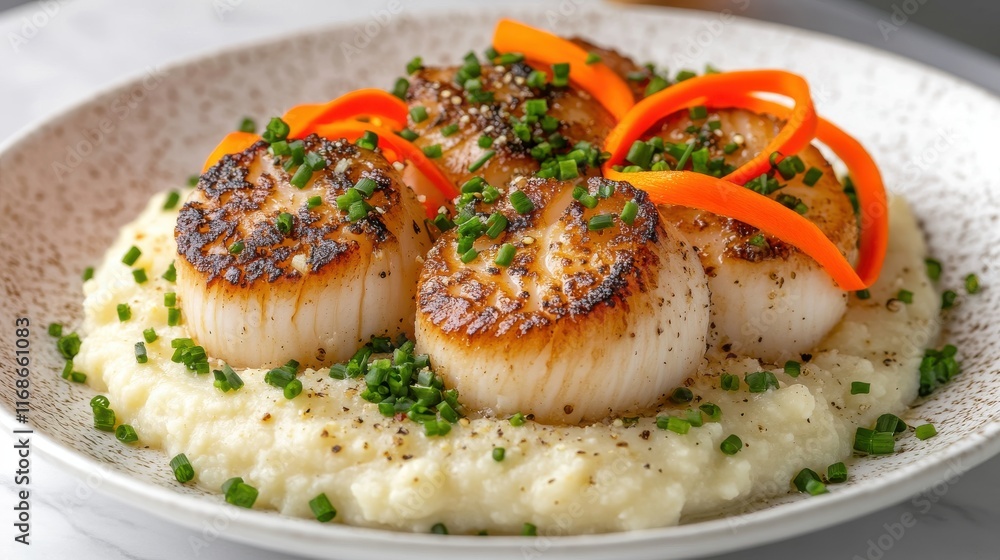 Scallops with pureed cauliflower, carrot ribbons, and chives Scallops with pureed cauliflower, carrot ribbons, and chives