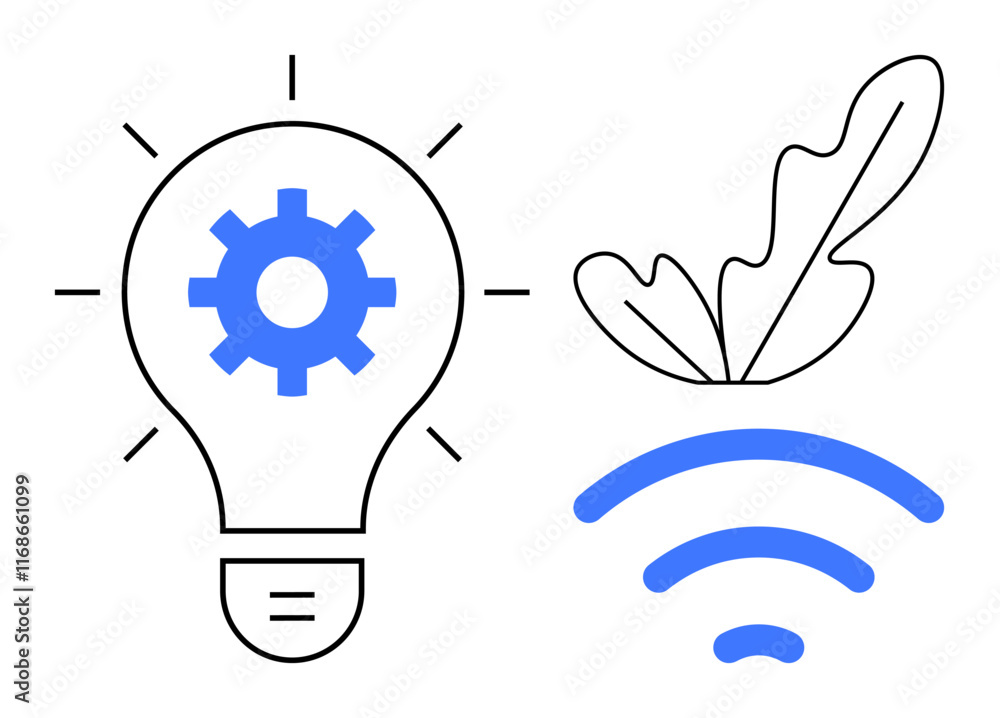 Technological light bulb with a gear, a leaf, and wireless signal. Ideal for themes of innovation, sustainability, technology, connectivity, eco-friendly solutions, progress modern communication Technological light bulb with a gear, a leaf, and wireless signal. Ideal for themes of innovation, sustainability, technology, connectivity, eco-friendly solutions, progress modern communication