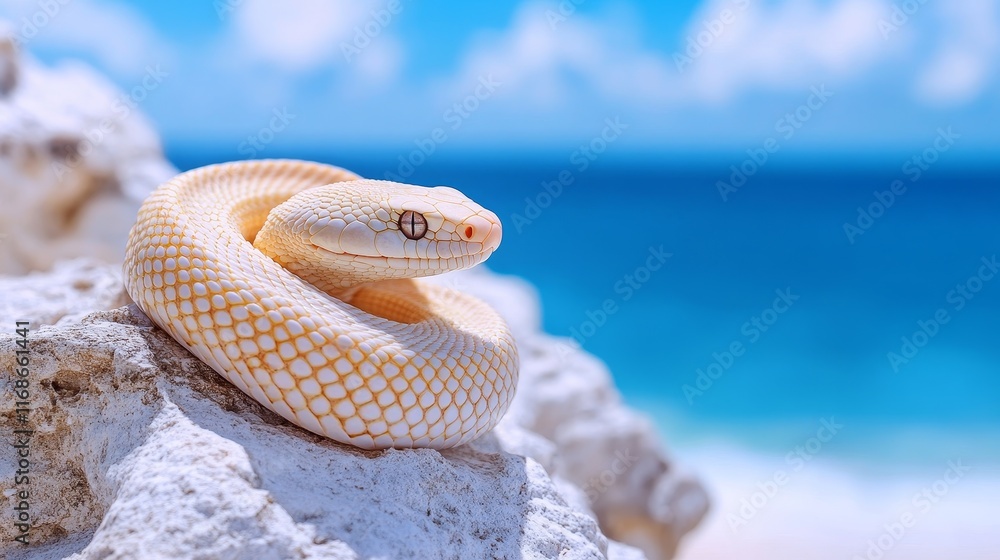 Fototapeta premium Albino Snake on White Rock with Blue Sky Background, Contrast of Nature Wildlife