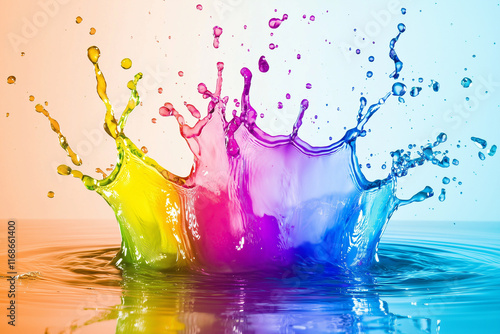 Bright multicolored water splash on neutral gradient background