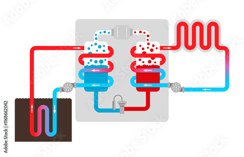 Ground-source heat pump, geothermal system Scheme in flat colors