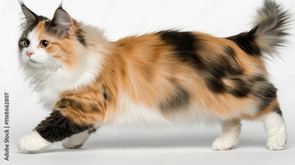 Playful calico cat walking gracefully on white background pet photography indoor studio action shot Playful calico cat walking gracefully on white background pet photography indoor studio action shot