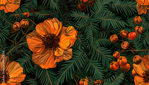 Wallpaper Mural Orange Flower Illustration with Green Leaves Torontodigital.ca