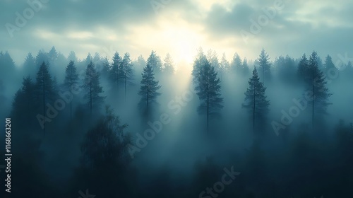 Sun rays pierce misty forest at dawn.