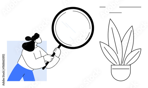 Person holding magnifying glass examining potted plant. Ideal for research, analysis, growth, detail, inspection, discovery, educational themes. Simple abstract line flat metaphor