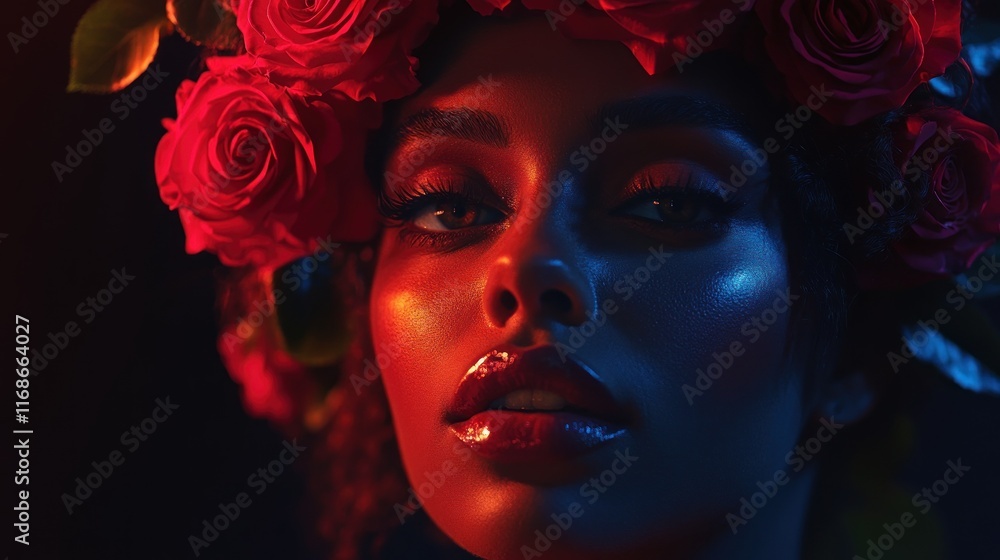 A close-up portrait of a woman adorned with a floral crown, highlighted by dramatic lighting. A close-up portrait of a woman adorned with a floral crown, highlighted by dramatic lighting.