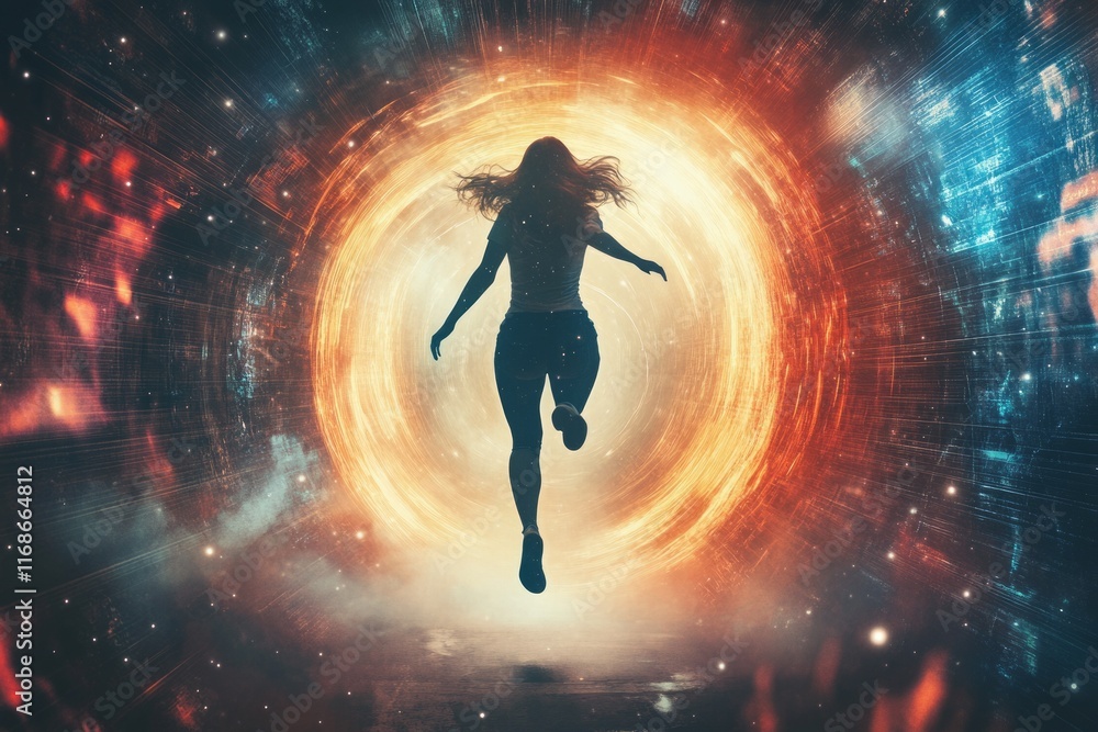 Fototapeta premium A digital image generated from a young woman jumping through a portal door in an imaginary world