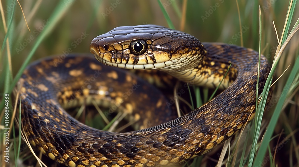 Graceful Serpent in Sunlit Meadow - Intricate Scales of a Small Snake Gleaming Among Tall Grass Graceful Serpent in Sunlit Meadow - Intricate Scales of a Small Snake Gleaming Among Tall Grass