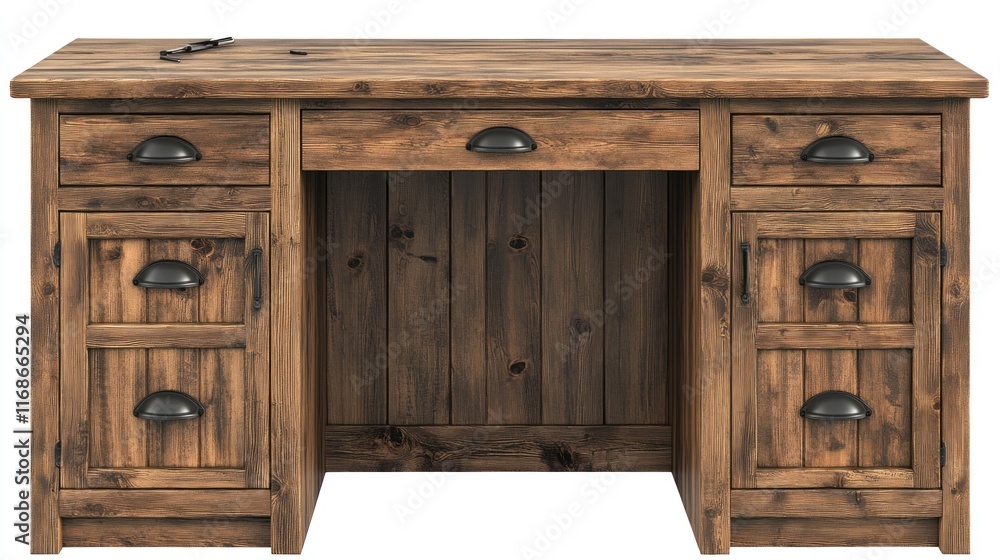 Rustic wooden desk with drawers and cabinets, dark brown finish, isolated on white background. Rustic wooden desk with drawers and cabinets, dark brown finish, isolated on white background.