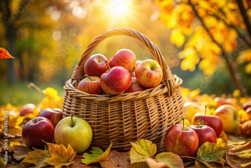 Autumn Abundance: Apples in a Rustic Basket, Sunny Garden Scene
