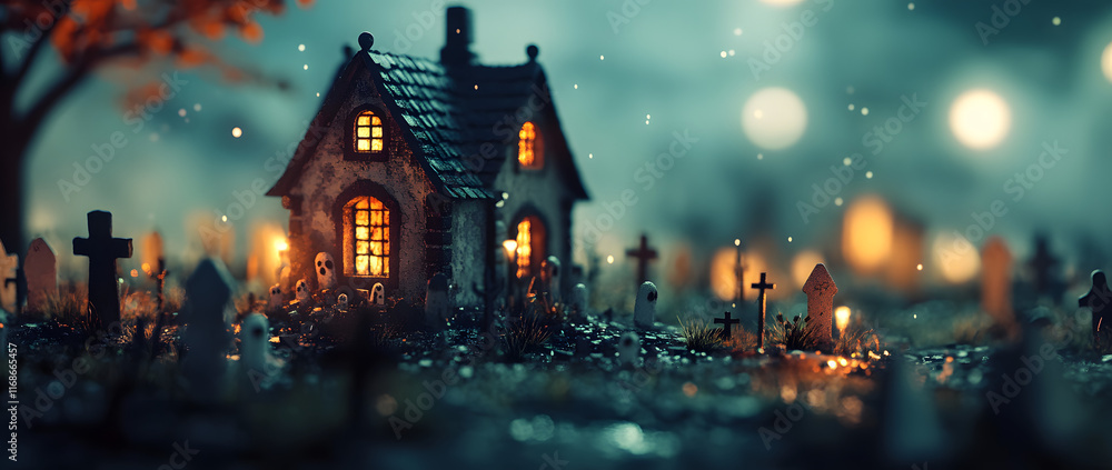 Obraz premium Enchanting Halloween Scene with Glowing House Surrounded by Graveyard and Flickering Lights