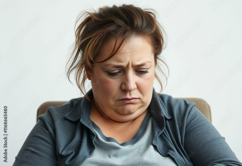 A portrait of a sad, overweight woman with a plain white background A portrait of a sad, overweight woman with a plain white background