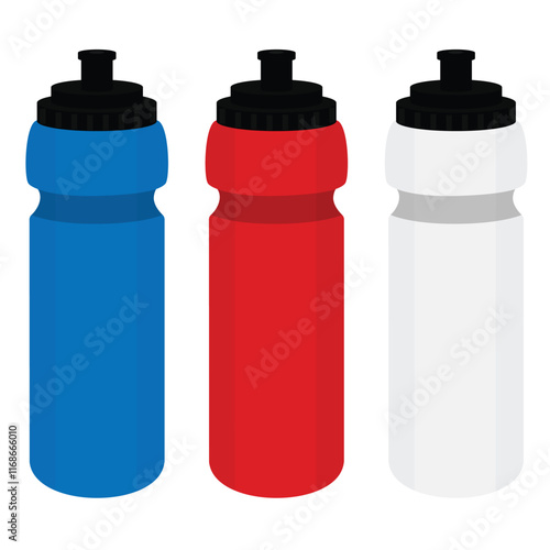 Blue, red and white reusable sport water bottle set isolated on white background. Plastic fitness bottle