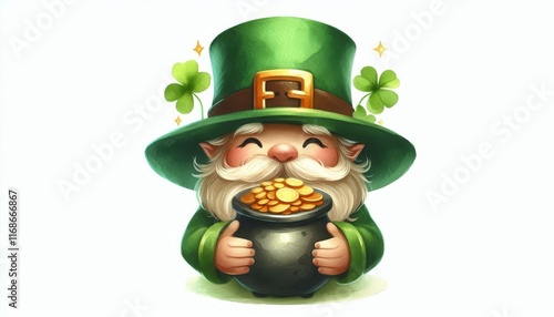 Happy leprechaun in a green hat holding a pot of gold coins with clover decorations on white background. Watercolor illustration for St. Patrick's Day photo