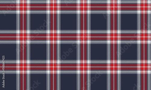 Plaid fabric pattern, navy blue, red, white, striking cross lines, seamless for textiles, and for designing clothes, skirts or decorative fabrics. Vector illustration.