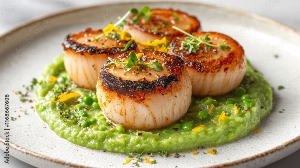 Seared scallops with pea puree, micro herbs, and citrus zest Seared scallops with pea puree, micro herbs, and citrus zest