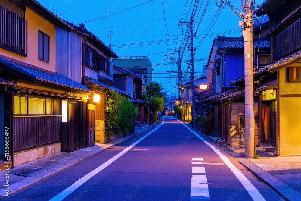 Evening Streetscape of a Serene Japanese Neighborhood in Blue Hour Glow Evening Streetscape of a Serene Japanese Neighborhood in Blue Hour Glow