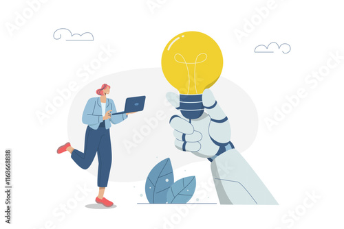 Automatic idea generation with artificial intelligence, Creating successful ideas or creativity, Technological innovation and invention, Women and AI work together to develop innovations. Vector.