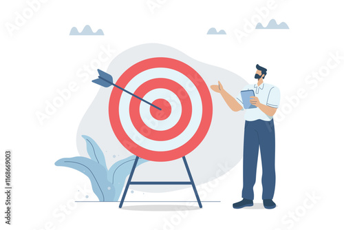 Setting important goals, Action plan or objective that inspires an organization or its employees to achieve their goals, Defining challenging business missions, Businessman with arrow at the target.