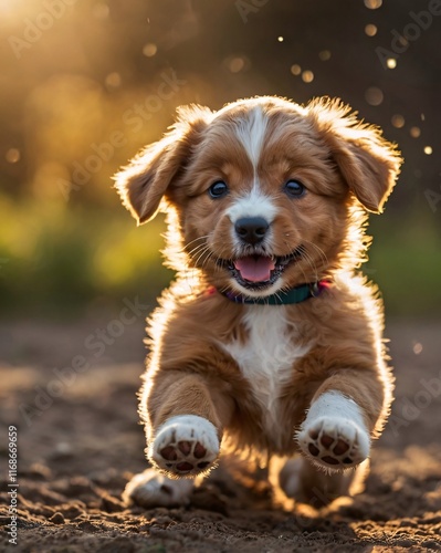 A small, playful, and funny puppy in action.  photo