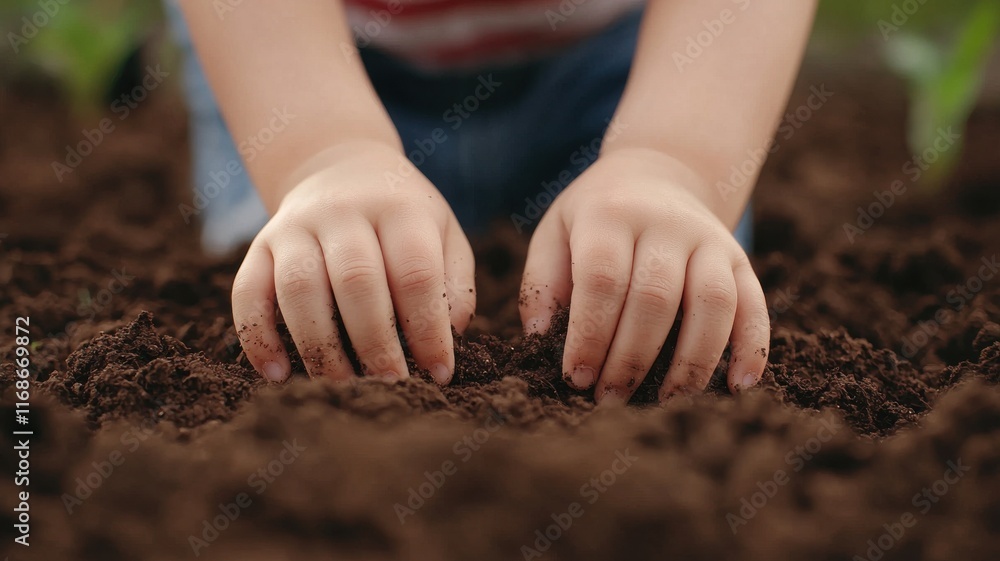 Consistency to growth concept. Child's hands planting in rich, dark soil, symbolizing growth and connection to nature. Consistency to growth concept. Child's hands planting in rich, dark soil, symbolizing growth and connection to nature.