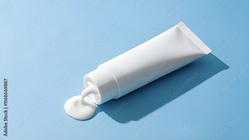 White cosmetic tube mockup on soft blue background, showing off the texture and packaging,A dab of fine skin care cream on the side. White cosmetic tube mockup on soft blue background, showing off the texture and packaging,A dab of fine skin care cream on the side.
