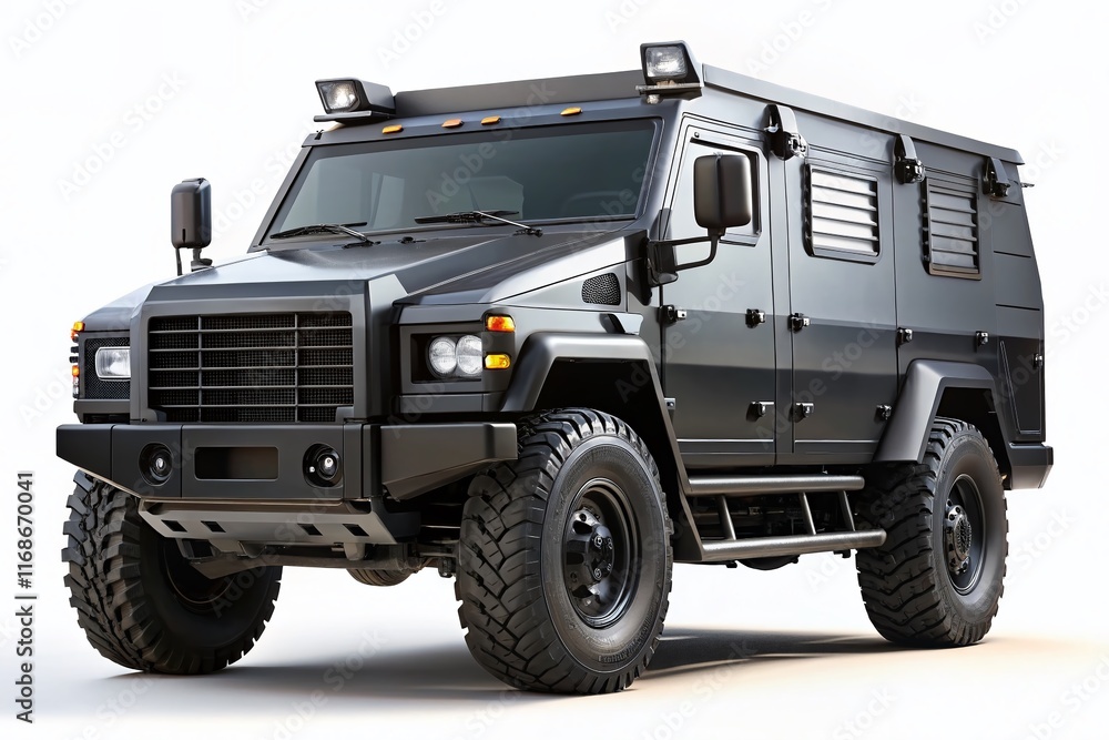 Black Armored Truck, Military Vehicle, Security Transport, High-Security Vehicle, Isolated on White Background Black Armored Truck, Military Vehicle, Security Transport, High-Security Vehicle, Isolated on White Background