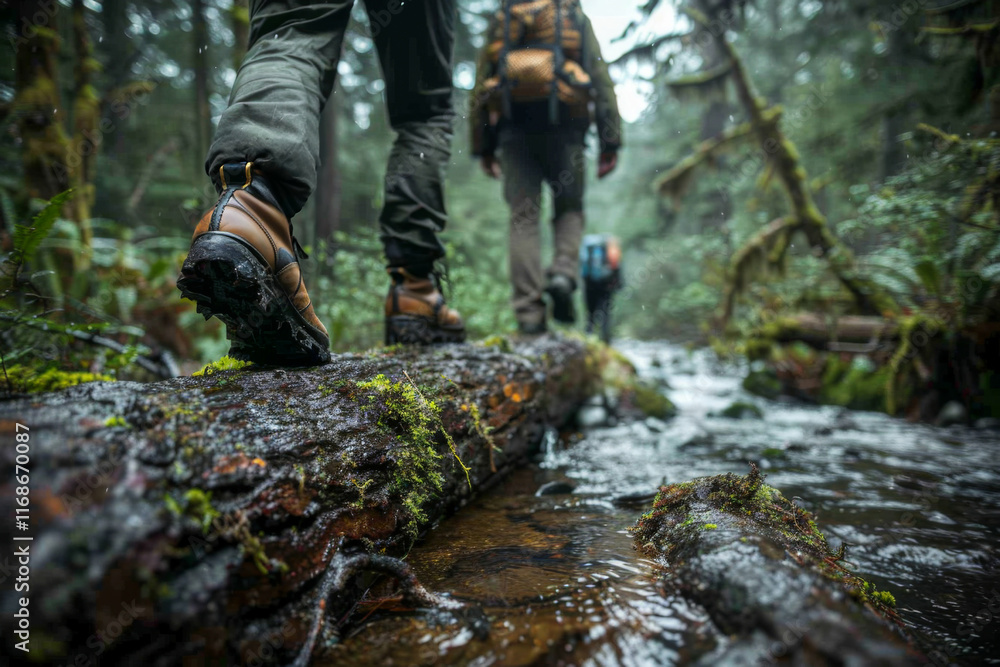 Low angle view of hikers boots as they cross fallen log over forest stream, surrounded by lush, misty foliage, evoking sense of exploration and connection with nature Low angle view of hikers boots as they cross fallen log over forest stream, surrounded by lush, misty foliage, evoking sense of exploration and connection with nature