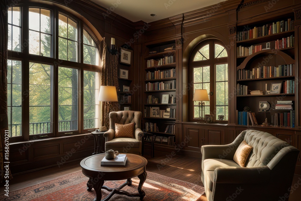 Cozy home library floor-to-ceiling bookshelves. Cozy home library floor-to-ceiling bookshelves.