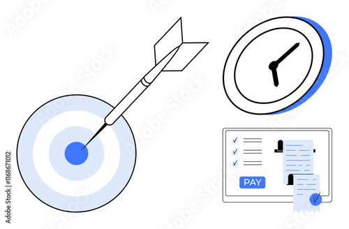 Target with dart hitting the bullseye, clock showing time, and payment checklist with receipt. Ideal for business goals, efficiency, time management, financial tasks, productivity, deadlines