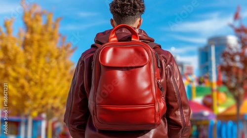 Vibrant Red Backpack at a Festive Street Celebration. Generative AI
