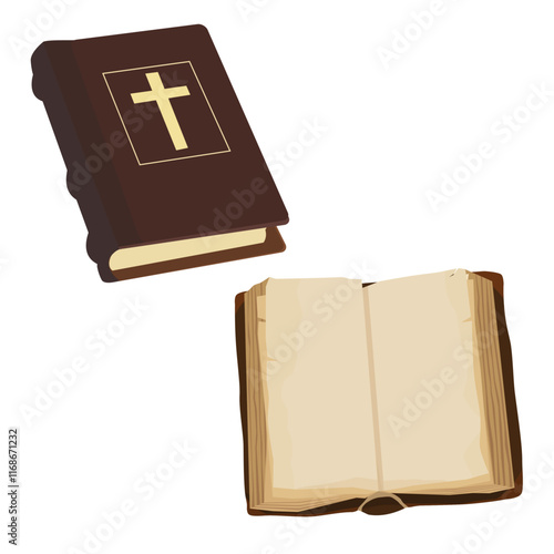 Closed old Holy Bible book with cross on cover and opened ancient empty book
