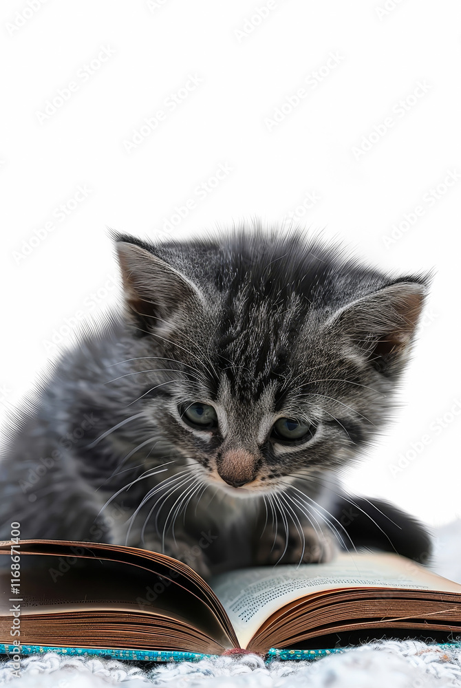 Curious Kitten Reading a Book Indoors: Adorable Cat Study Time, Relaxed Mood, Daytime Curious Kitten Reading a Book Indoors: Adorable Cat Study Time, Relaxed Mood, Daytime