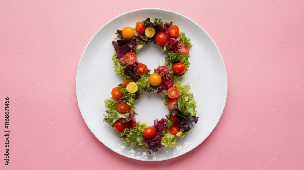 Colorful festive salad shaped as the number 8 on a white plate Colorful festive salad shaped as the number 8 on a white plate