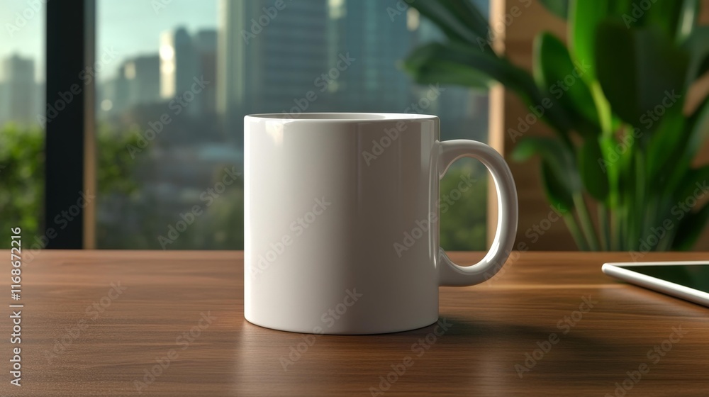 White mug mockup in a professional workspace. Generative AI White mug mockup in a professional workspace. Generative AI