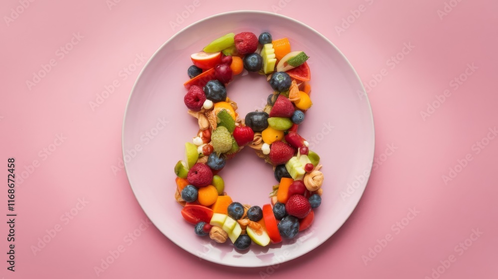 Colorful festive salad shaped as the number 8 on a white plate Colorful festive salad shaped as the number 8 on a white plate