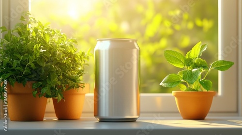 Aluminum Drink Can with Herbs. Generative AI photo