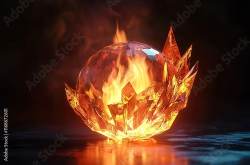 Fiery crystal orb engulfed in flames, dark background.