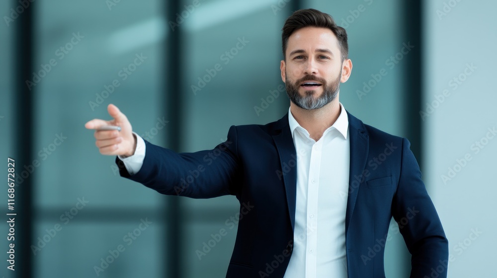 A man in a suit gestures confidently in a modern office setting. A man in a suit gestures confidently in a modern office setting.