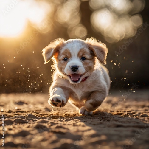 A small, playful, and funny puppy in action.  photo