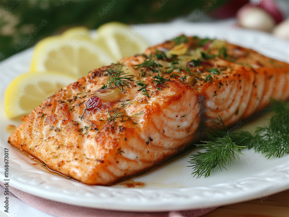 Food photography. A piece of fried red fish with herbs and lemon. Photo for an online store or magazine article. Food photography. A piece of fried red fish with herbs and lemon. Photo for an online store or magazine article.