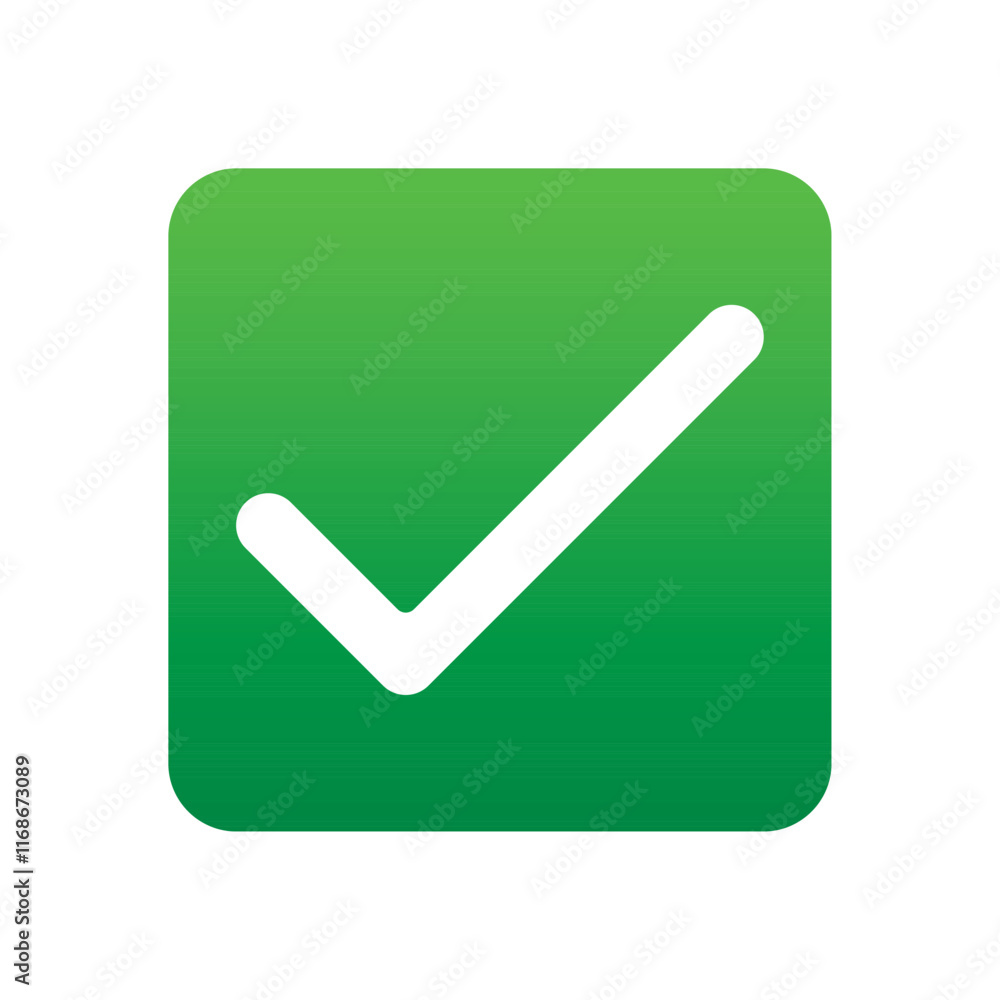 Green positive vote button with checkmark accept complete task badge vector illustration. Success confirmation logotype keypad agree approved check mark. Done checkbox. Tick button emoji icon. Green positive vote button with checkmark accept complete task badge vector illustration. Success confirmation logotype keypad agree approved check mark. Done checkbox. Tick button emoji icon.