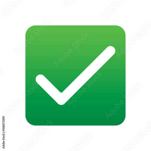 Green positive vote button with checkmark accept complete task badge vector illustration. Success confirmation logotype keypad agree approved check mark. Done checkbox. Tick button emoji icon.
