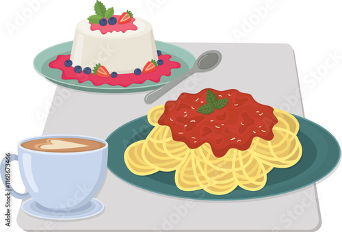 Still life with bolognese pasta, panna cotta and coffee latte. Illustration with Italian dishes on the table
