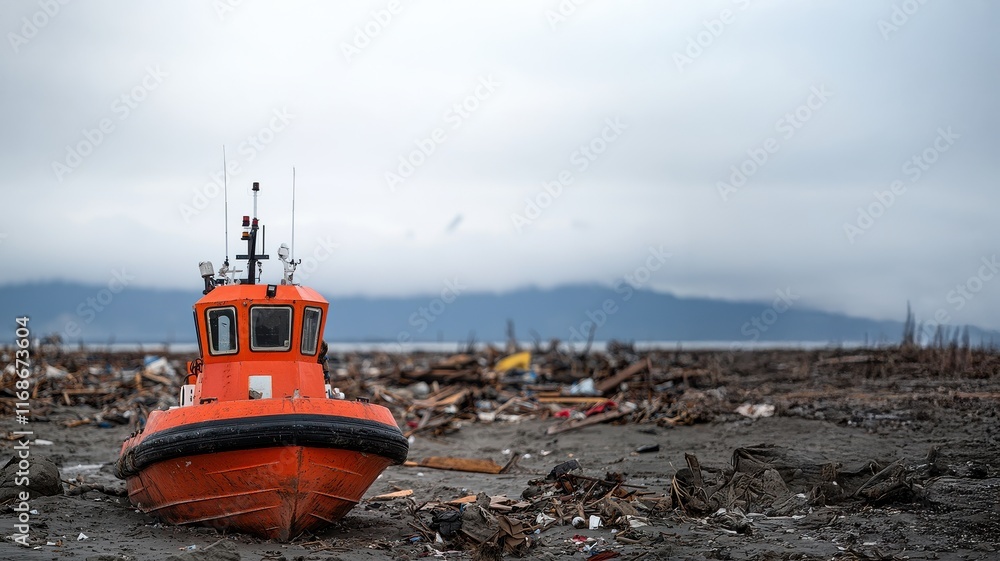 Fototapeta premium life-saving concept. A stranded orange tugboat on a muddy shore with a cloudy sky.