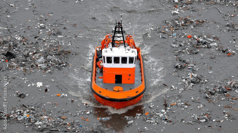 life-saving concept. A bright orange boat navigates through a sea of pollution.