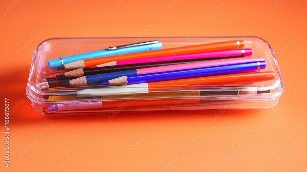 A clear pencil case filled with colorful writing instruments. A clear pencil case filled with colorful writing instruments.