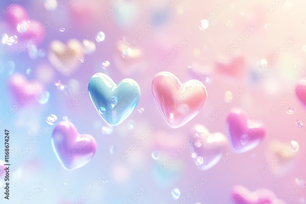 Glossy pastel hearts with bokeh and water droplets on soft gradient Glossy pastel hearts with bokeh and water droplets on soft gradient